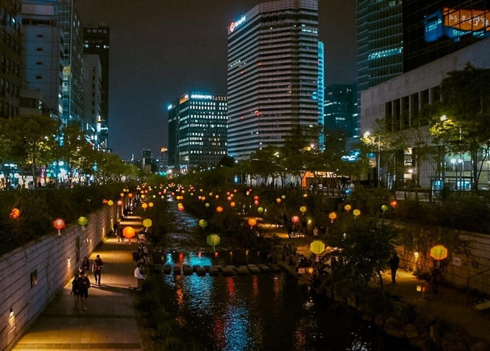 lanterns on cheonggyecheon stream seoul korea