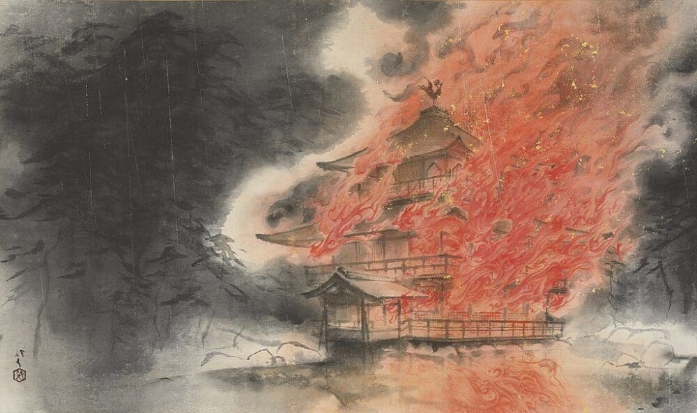 Magic Hour at Kinkakuji Temple, the Golden Pavilion in Kyoto 3 drawing of kinkakuji temple on fire