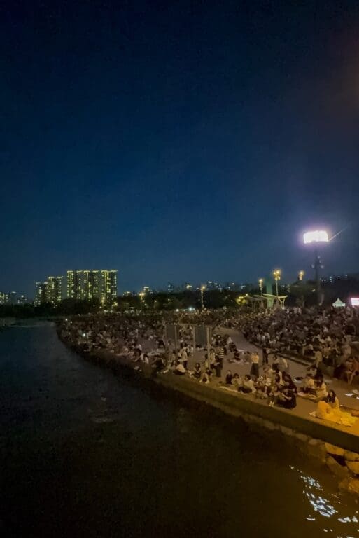 Night view looking down at a large crowd of people sitting on the grass lawns at Banpo Hangang Park watching the fountain show.
