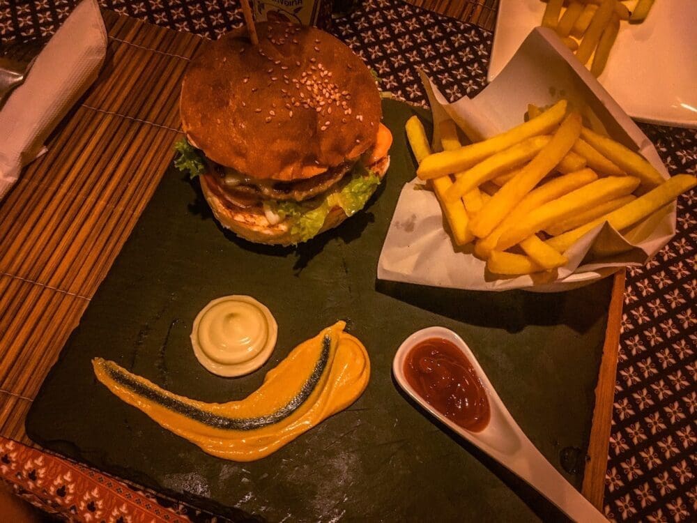 burger and fries at ten moons lipe resort on sunrise beach