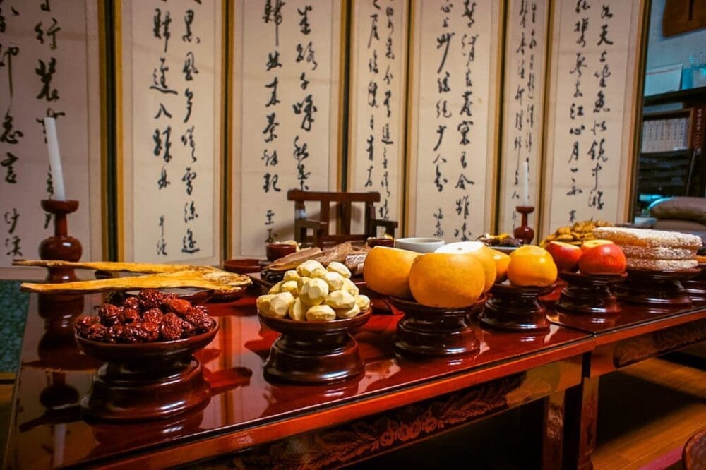 seollal | charye table set up with traditional korean foods