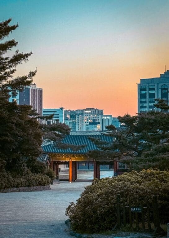The 5 Royal Palaces in Seoul: A No-Nonsense Expat's Guide to Visiting 18 Looking toward the inner side of Donhwamun Gate at Changdeokgung Palace during a quiet golden hour sunset with modern city skyscrapers on the Seoul skyline behind it.